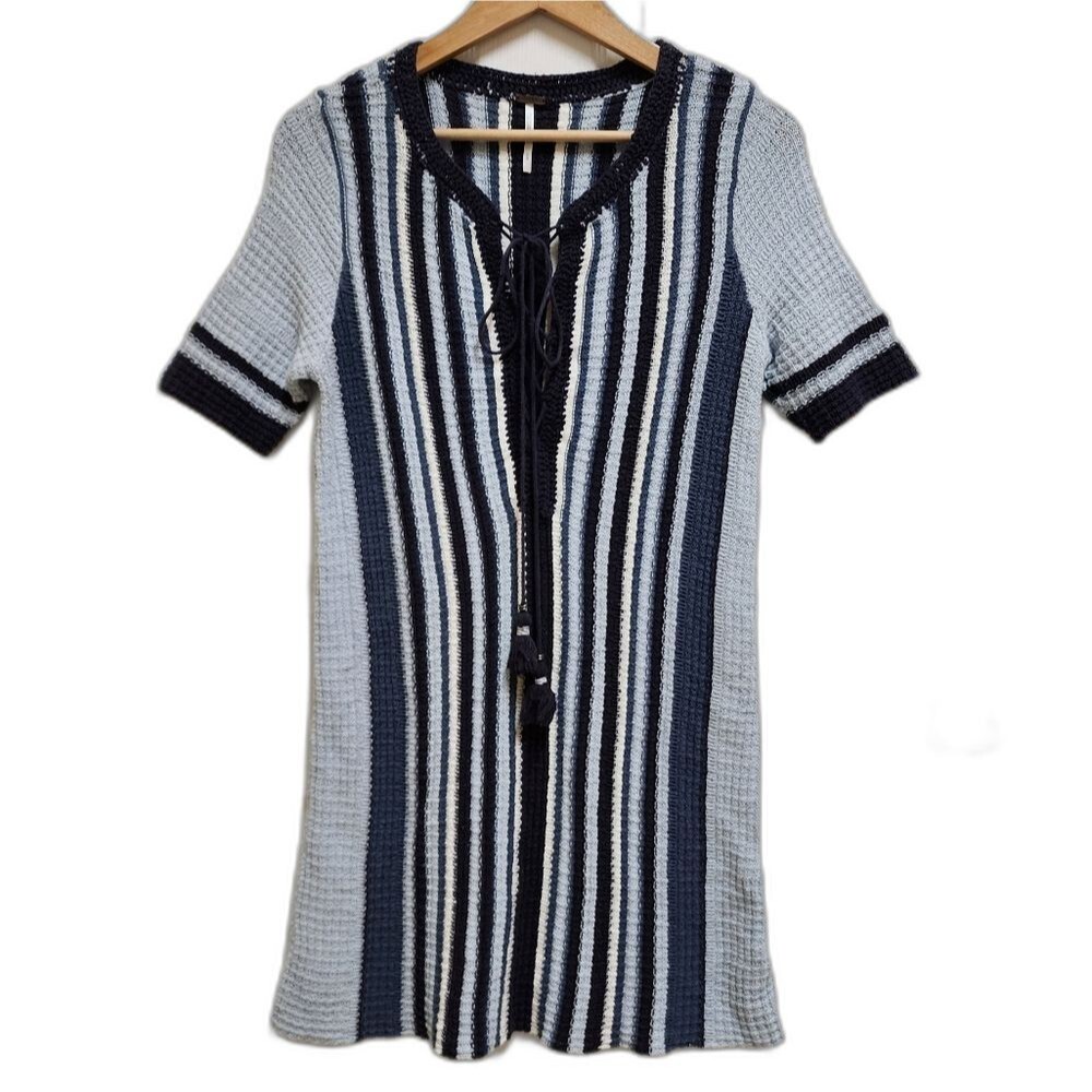Free People Dress M Blue Stripe Cotton Knit Tassel Boho Mini Lollypop Festival